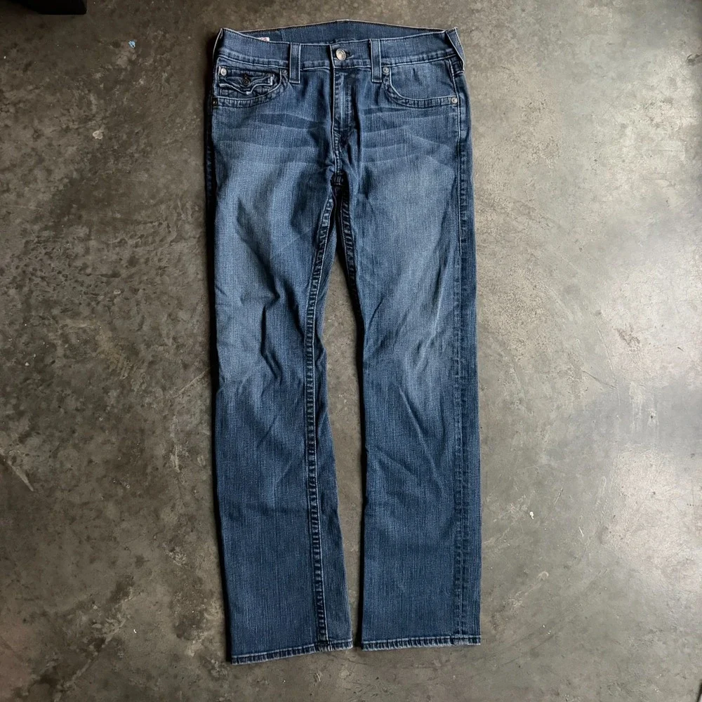 True Religion Jeans Mens 34x33 Blue Ricky Flap Pocket Straight USA Made Cotton